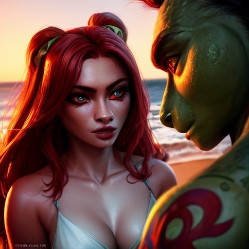 Red girl frog skin, a green boy  frog named pepe , love , beach, enjoy from water, moon, money , rich\nThe girl is so hot and has long red hair\nShe has a    tattoo on her hand that write 'pepe'\nThe boy is beside girl and feel it