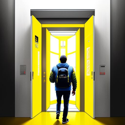A guy in yellow jacket entering a door to the future.  The future is bright.  Behind his jacket has a large letter '$50'\n