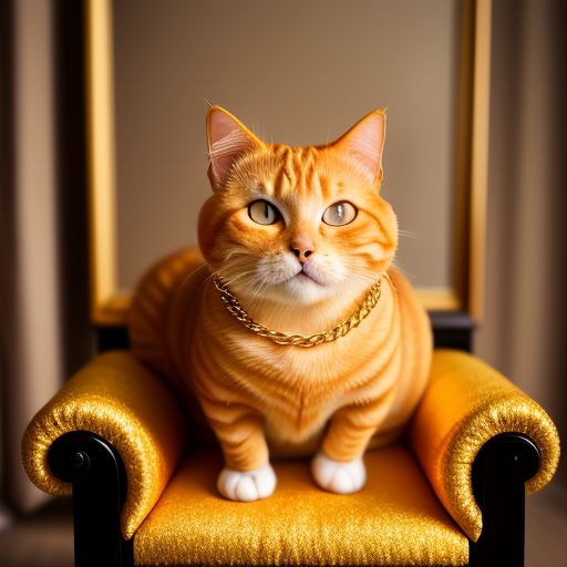 Fat orange tabby cat, wearing a gold chain, holding a gold cepter, sitting on a gold throne 