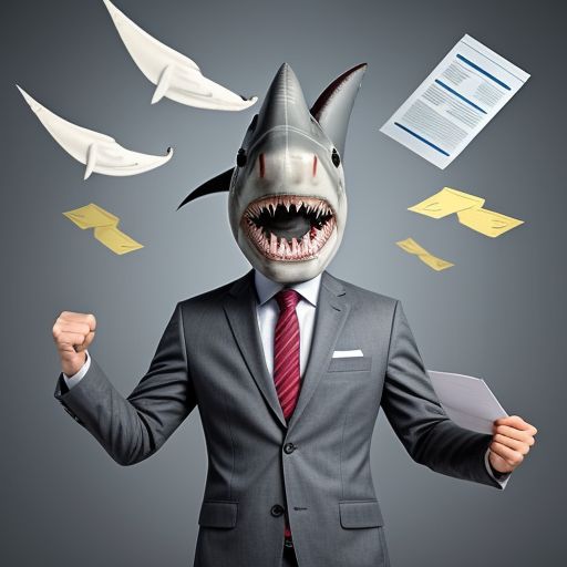 Generate an image of a person with a shark head wearing a suit standing confidently on the first-place podium, holding a fist full of mail triumphantly in the air. Capture the essence of success and dominance in their posture and expression.\n