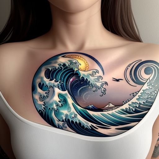 Amazing tattoo design integrating the letter "S" prominently with an ocean wave and the sun.