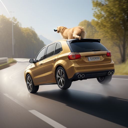 Sad Golden retriever jumping out of a car on road