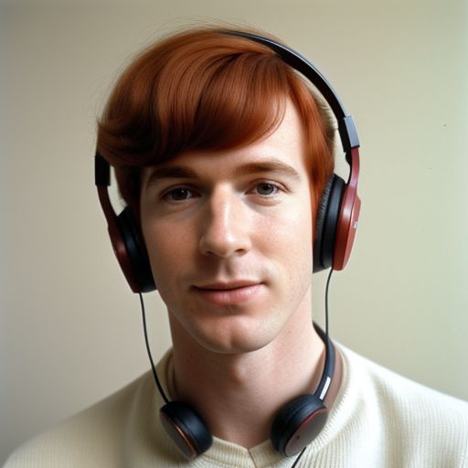 smart red hair guy with a black headphones on his chest, and big nose, animation, look right