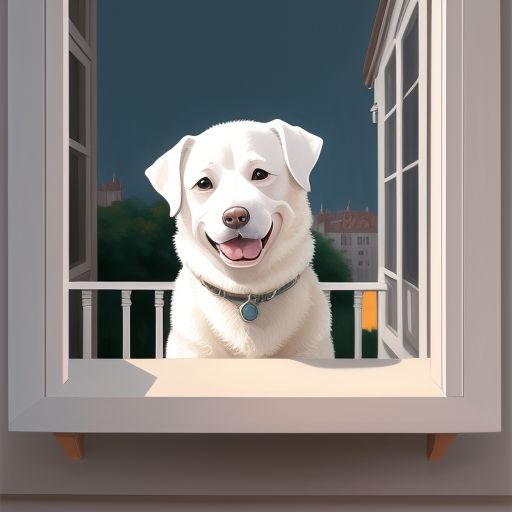 simple doodle of a smiling big fat white dog sits on a balcony looking to the camera with his big green eyes, simple drawing in the style of Quentin Blake, minimalism, child book illustration, children's storybook illustration, simple doodles, cute and adorable