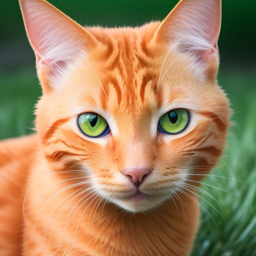  An orange cat, big eyes, realistic photo, plenty of light, close-up, 8K photo, HDR, nature, Canon EOS R5, 75mm shot, HD photo, lying on a green grass, yellow eyes, pupils constricted into slits, white hair on the chest, looking into the distance 