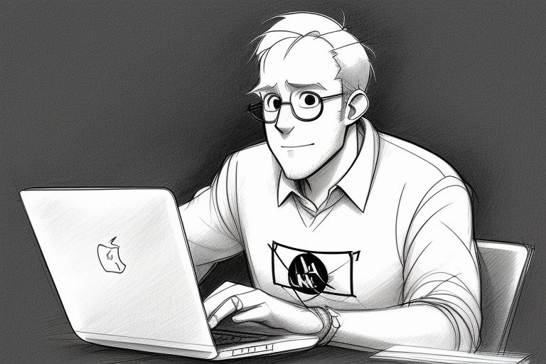 Stressed male programmer wearing glases sitting in front of a laptop. The laptop screen shows complicated SQL code. Wearing an NASA shirt. His hair is almost invisible