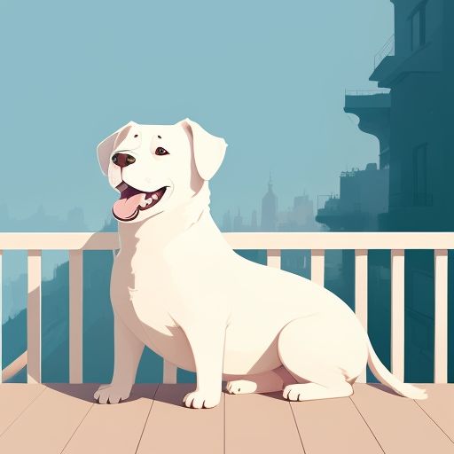 simple doodle of a smiling big fat white dog sits on a balcony looking to the camera with his big green eyes, simple drawing in the style of Quentin Blake, minimalism, child book illustration, children's storybook illustration, simple doodles, cute and adorable