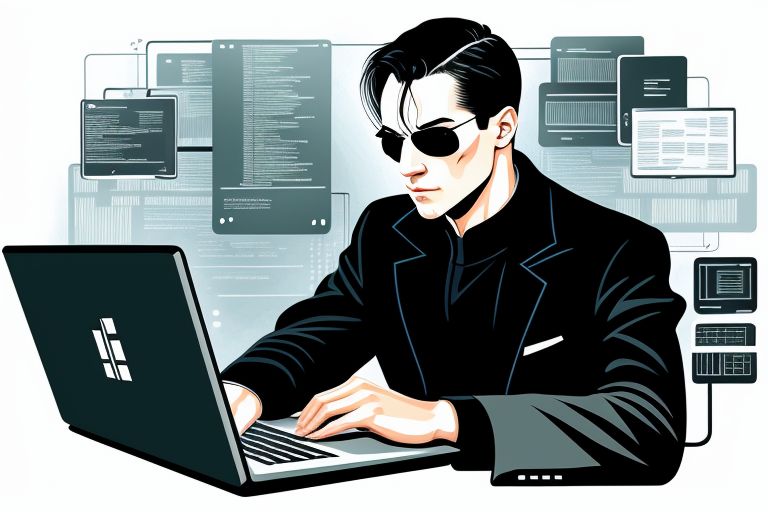 Male programmer with almost bold and wearing glases sitting in front of a laptop in the style of the matrix movie.