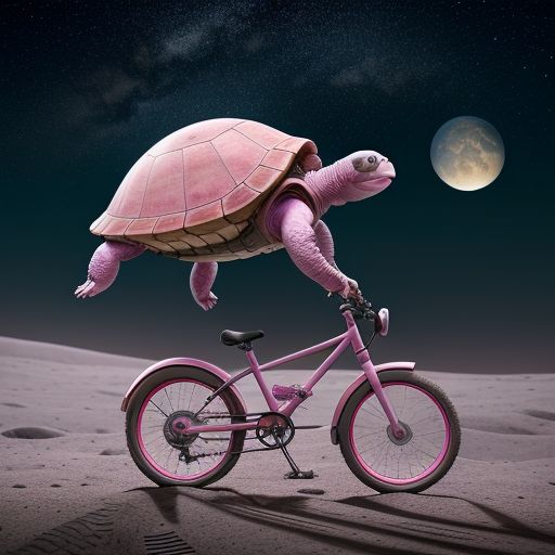 pink turtle riding bike on the moon