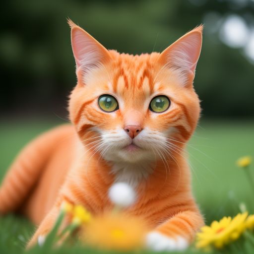  An orange cat, adult, big eyes, realistic photo, plenty of light, close-up, 8K photo, HDR, nature, Canon EOS R5, 75mm shot, HD photo, lying on a green grass, some flowers on the grass, yellow eyeballs, pupils constricted into slits, white hair on the chest, eyes looking far away 