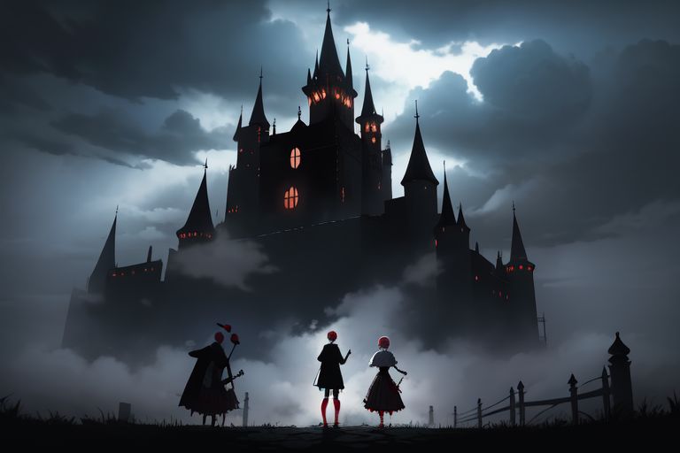 Punk rock evil clowns look band playing in front of an eerie gothic castle, surrounded by ominous fog and thunderstorm