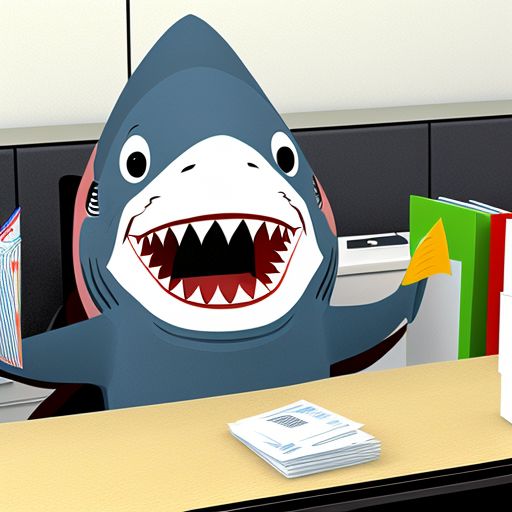 a shark in an office with a mouth full of mail\n