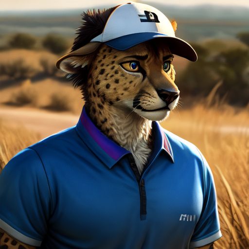 A frustrated golfer wearing blue with an African savannah background. Color