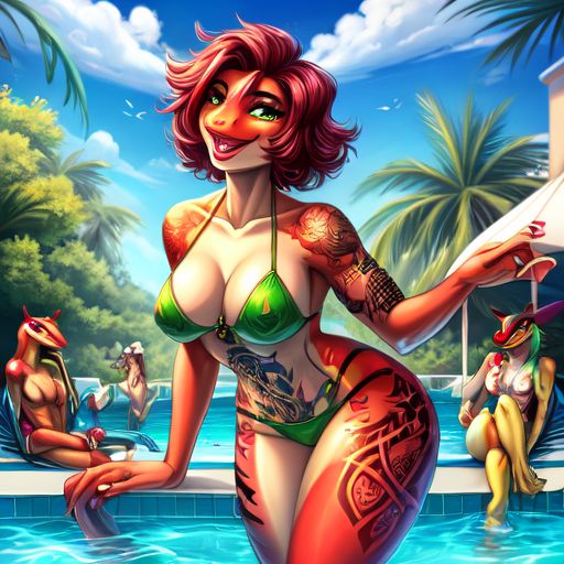  Red  hot girl frog skin,  green gentleman  boy frog skin ،love, pool party , sun, money, enjoy from pool, tattoos