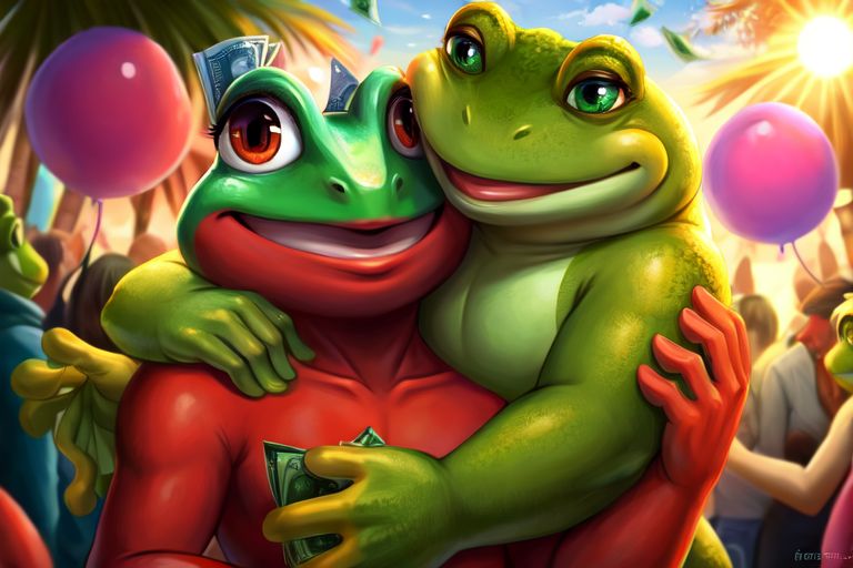 A Red girl frog skin, a green man frog , party ,claps , hug, sun, money, ,