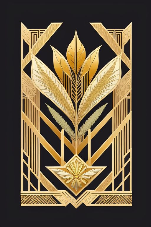 make intricate 1920s art deco color scheme consists of golds, yellows, and soft oranges and purple but with a subtle cannabis theme