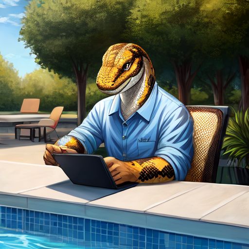 Generate a image of a software developer working on Python code, at a desk, next to a outside swimming pool.