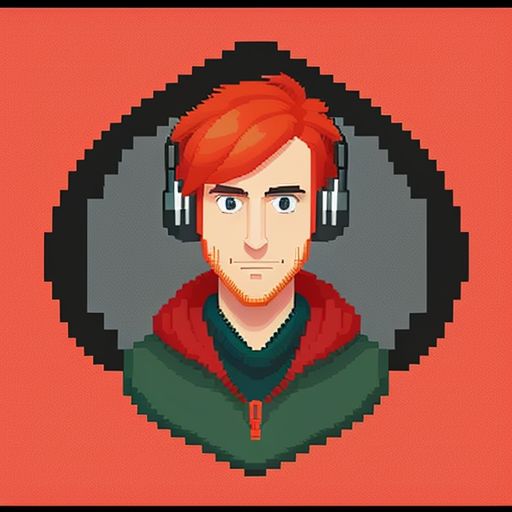 smart red hair guy with a black headphones on his chest, and big nose\n