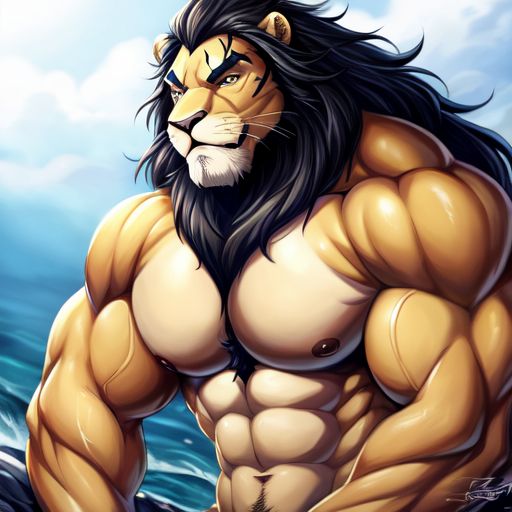 Jason Momoa as a anthropomorphic lion, shirtless, muscular,