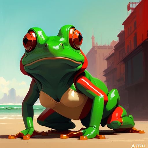 A green frog like human and a red frog like human, beach, money, bitcoin, love, sex