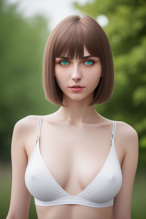 Skinny 18 yo Ukrainian girl in jeans and white top, slightly visible nipples form through top, brown bob cut hair, green eyes, 8K photo
