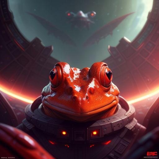 A hot red girl frog with human face  on the spaceship with her friends 