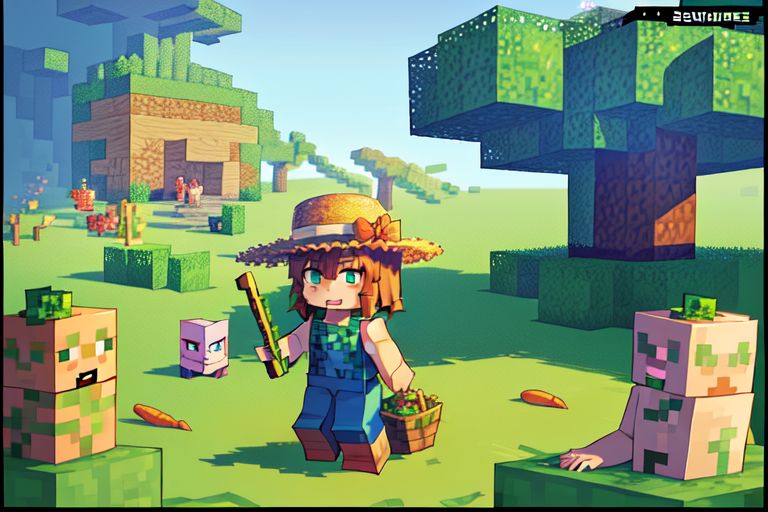 A two-page anime comic book spread featuring a lovely woman dressed in traditional farmer attire, set against a background reminiscent of the popular sandbox video game, Minecraft. The woman's attire, consisting of a checkered apron, a straw hat, and overalls, is meticulously detailed with textures that resemble those found in the game. She stands in a lush green field, surrounded by blocky hills and (blocky Minecraft trees:1.3), which seamlessly blend with the game's familiar aesthetic. In the center of the image, a split is visible, creating an (open comic book effect:1.3), revealing a glimpse of the next page. There, the woman is seen tending to her farm, harvesting wheat and carrots, and feeding her chickens, all of which are also rendered in the distinctive Minecraft style. The comic's panels are bordered by a yellow chibi-style frame, adding a cute and playful touch to the overall design. The background colors shift slightly from page to page, mimicking the changing daylight as the story progresses, immersing the viewer deeper into this unique Minecraft-inspired world.