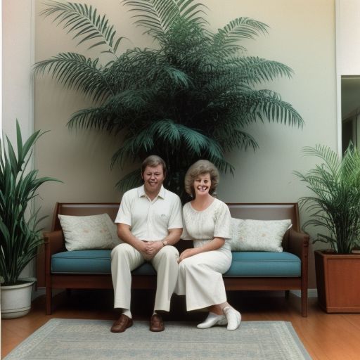 Two people sitting in an architecturally stunning room, with lots of plants and a tree growing out of the middle of it\n