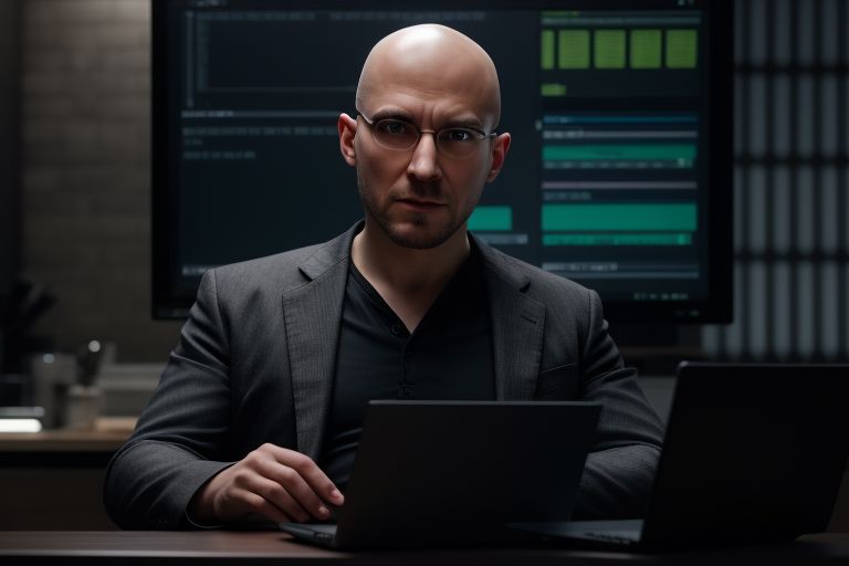 frustrated Male programmer with no hair and wearing glases sitting in front of a laptop in the style of the matrix movie. The laptop screen shows complicated SQL code and is visible