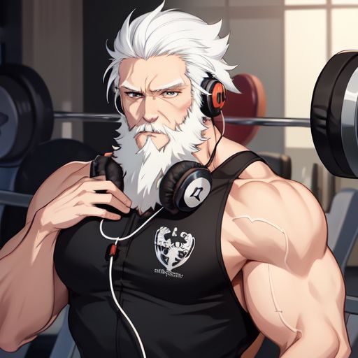 black nerd bodybuilder white hair guy,long white beard, with a black headphones on his chest