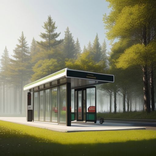 modern bus stop on the edge of city in boreal forest that has tiles with grass for grout